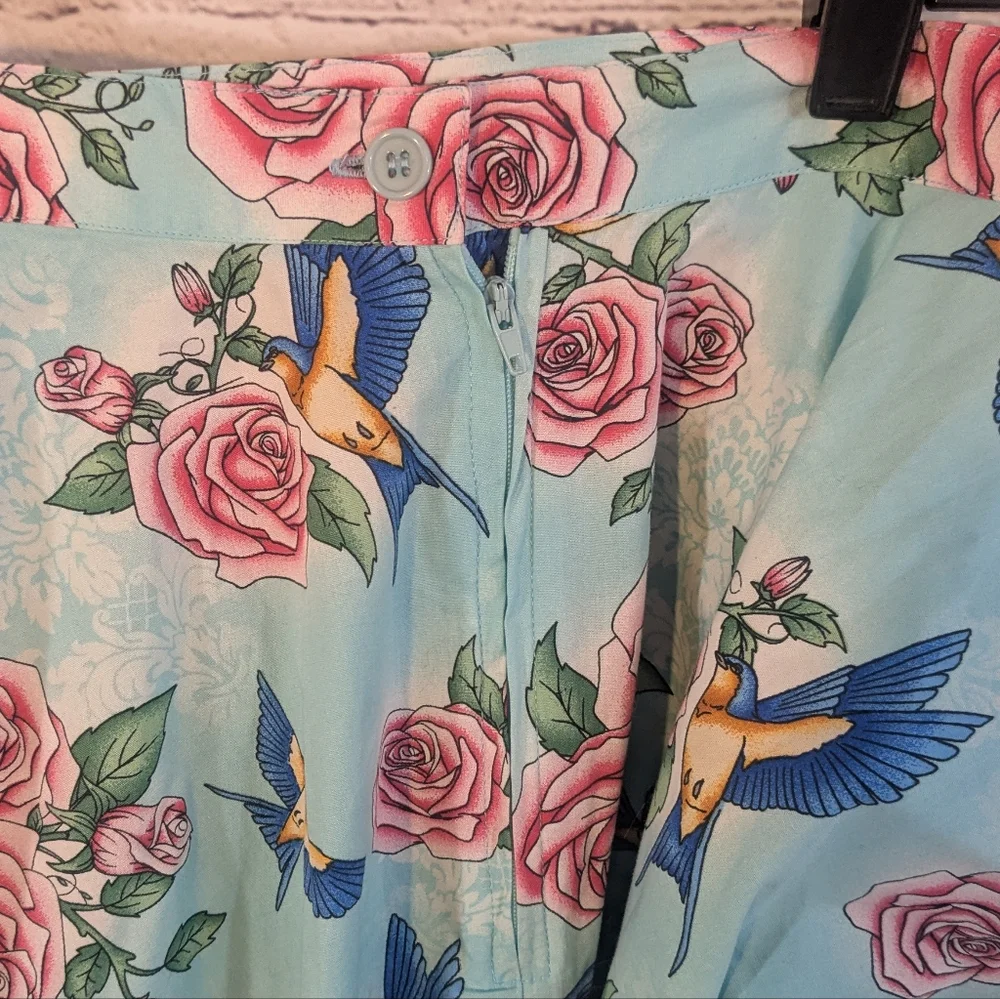Hell Bunny Vixen Blue Floral Skirt With Birds - Picture 4 of 7